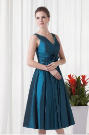 Taffeta V Neckline Tea-Length Dress with Hand-made Flower