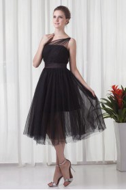 Net and Satin Tea-Length Dress with Sash