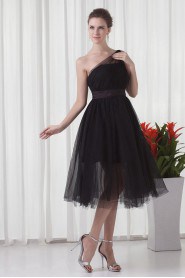 Net and Satin Tea-Length Dress with Sash