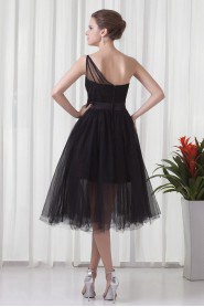 Net and Satin Tea-Length Dress with Sash