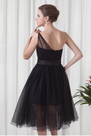 Net and Satin Tea-Length Dress with Sash