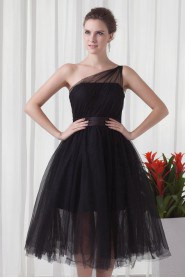 Net and Satin Tea-Length Dress with Sash