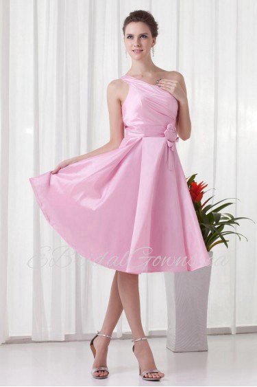 Taffeta One Shoulder Knee Length Dress with Hand-made Flower