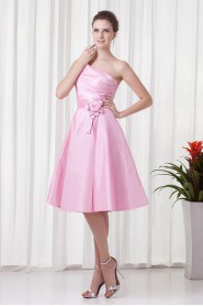 Taffeta One Shoulder Knee Length Dress with Hand-made Flower