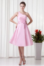 Taffeta One Shoulder Knee Length Dress with Hand-made Flower