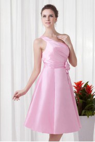 Taffeta One Shoulder Knee Length Dress with Hand-made Flower