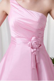 Taffeta One Shoulder Knee Length Dress with Hand-made Flower