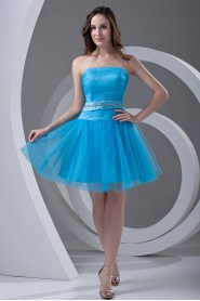 Satin and Net Strapless A Line Short Dress with Sash