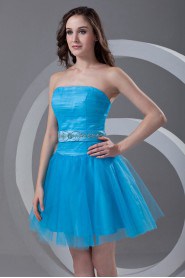 Satin and Net Strapless A Line Short Dress with Sash