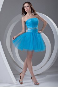 Satin and Net Strapless A Line Short Dress with Sash