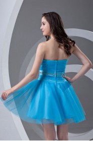 Satin and Net Strapless A Line Short Dress with Sash