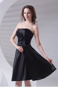 Satin Strapless Knee Length Dress with Hand-made Flower