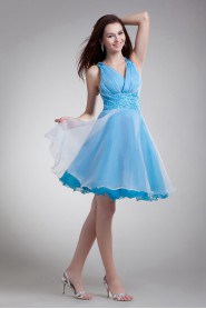 Organza V-Neck Short Dress with Embroidery