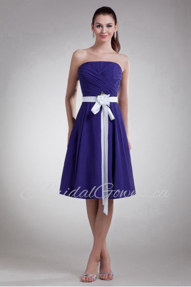 Chiffon Strapless Knee Length Dress with Sash