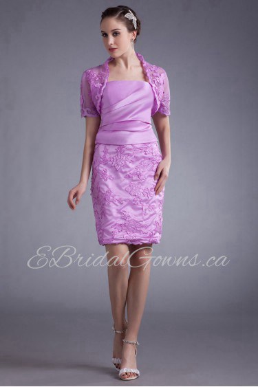 Satin and Net Strapless Short Dress with Embroidery