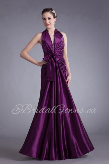 Satin V-Neck Column Dress with Sash