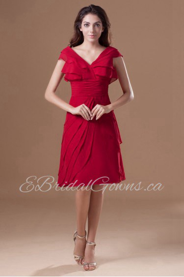 Chiffon V-Neck Knee Length Dress with Cap Sleeve