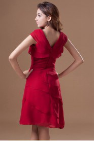 Chiffon V-Neck Knee Length Dress with Cap Sleeve