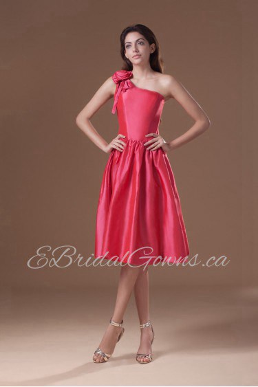 Taffeta Asymmetrical Knee Length Dress with Hand-made Flower