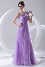 Organza One Shoulder Long Dress with Crisscross Ruched Bodice