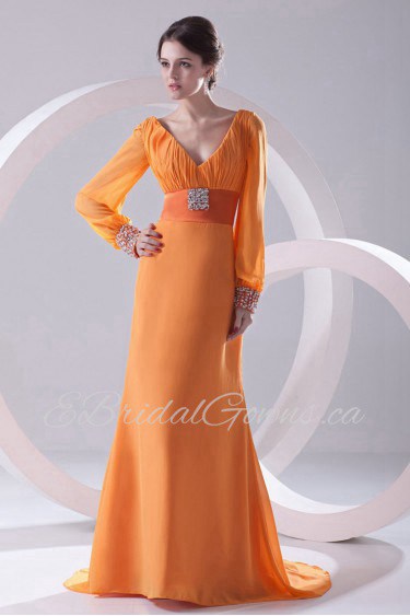 Chiffon V Neckline Column Illusion Dress