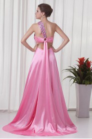 Satin One Shoulder A Line Dress with Directionally Ruched Bodice