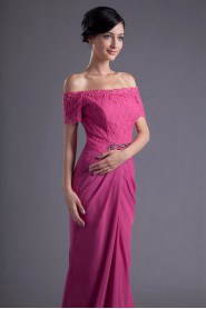 Chiffon and Lace Off-the-Shoulder Column Dress with Embroidery