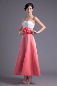 Satin Strapless A Line Ankle-Length Dress with Hand-made Flowers