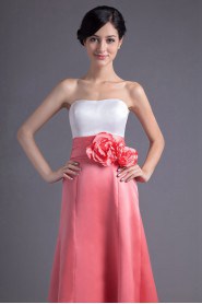 Satin Strapless A Line Ankle-Length Dress with Hand-made Flowers