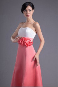 Satin Strapless A Line Ankle-Length Dress with Hand-made Flowers