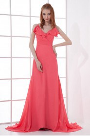 Chiffon V Neckline Empire Swee Train Dress with Sash