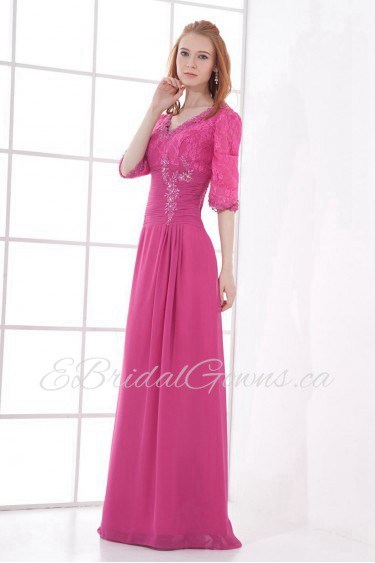 Chiffon V Neckline Sheath Dress with Half Sleeves