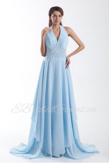 Chiffon Halter Column Beaded Dress