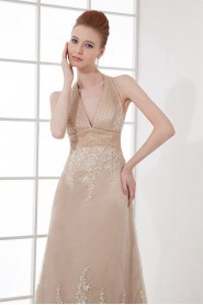 Organza V Neckline Empire Dress with Embroidery