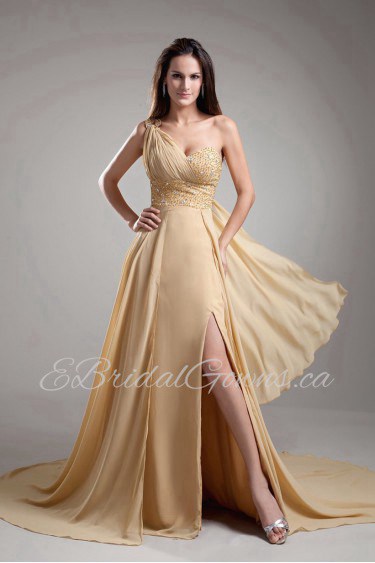 Chiffon One Shoulder A Line Dress with Embroidery