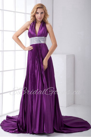 Satin V Neckline Empire Dress with Sash and Sequins