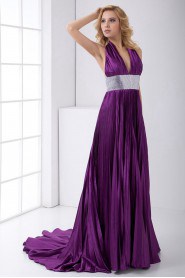 Satin V Neckline Empire Dress with Sash and Sequins