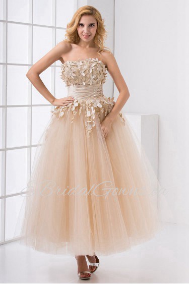 Net Strapless Ball Gown with Embroidery