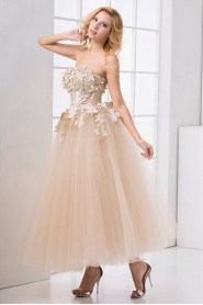 Net Strapless Ball Gown with Embroidery