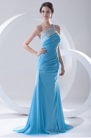 Chiffon One Shoulder Sheath Dress with Directionally Ruched Bodice