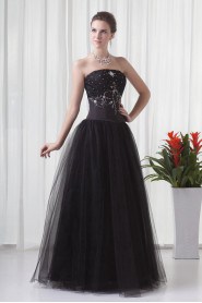 Net and Satin Strapless A Line Floor Length Dress with Embroidery