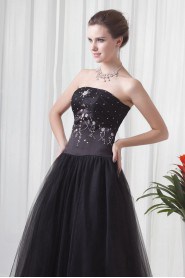 Net and Satin Strapless A Line Floor Length Dress with Embroidery