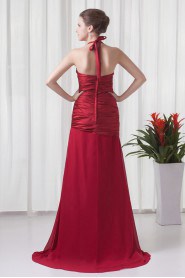 Satin and Chiffon Halter A Line Dress with Directionally Ruched Bodice