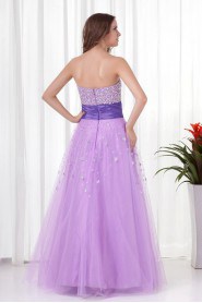 Net and Satin Strapless A Line Floor Length Dress with Embroidery