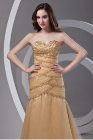 Satin and Net Strapless Sheath Dress with Embroidery