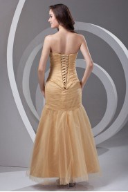 Satin and Net Strapless Sheath Dress with Embroidery