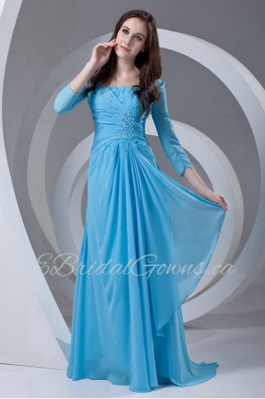 Chiffon Portrait Column Dress with Gathered Ruched Bodice