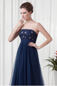 Chiffon and Net Strapless A Line Dress with Embroidery