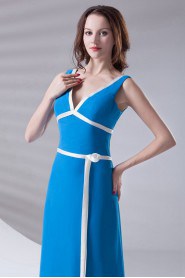 Satin V Neckline A Line Ankle-Length Dress with Sash