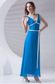 Satin V Neckline A Line Ankle-Length Dress with Sash